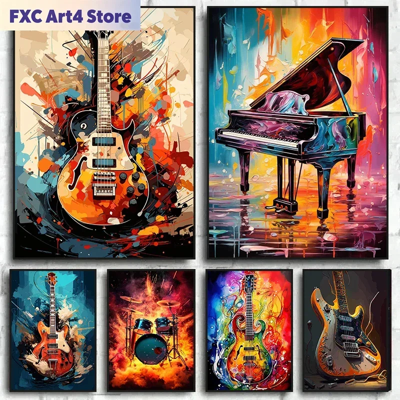 Picture Of Musical Instrument - フレームレス抽象カラフルアート楽器ドラムキットギターポスタープリントキャンバス絵画音楽壁アート画像ホーム