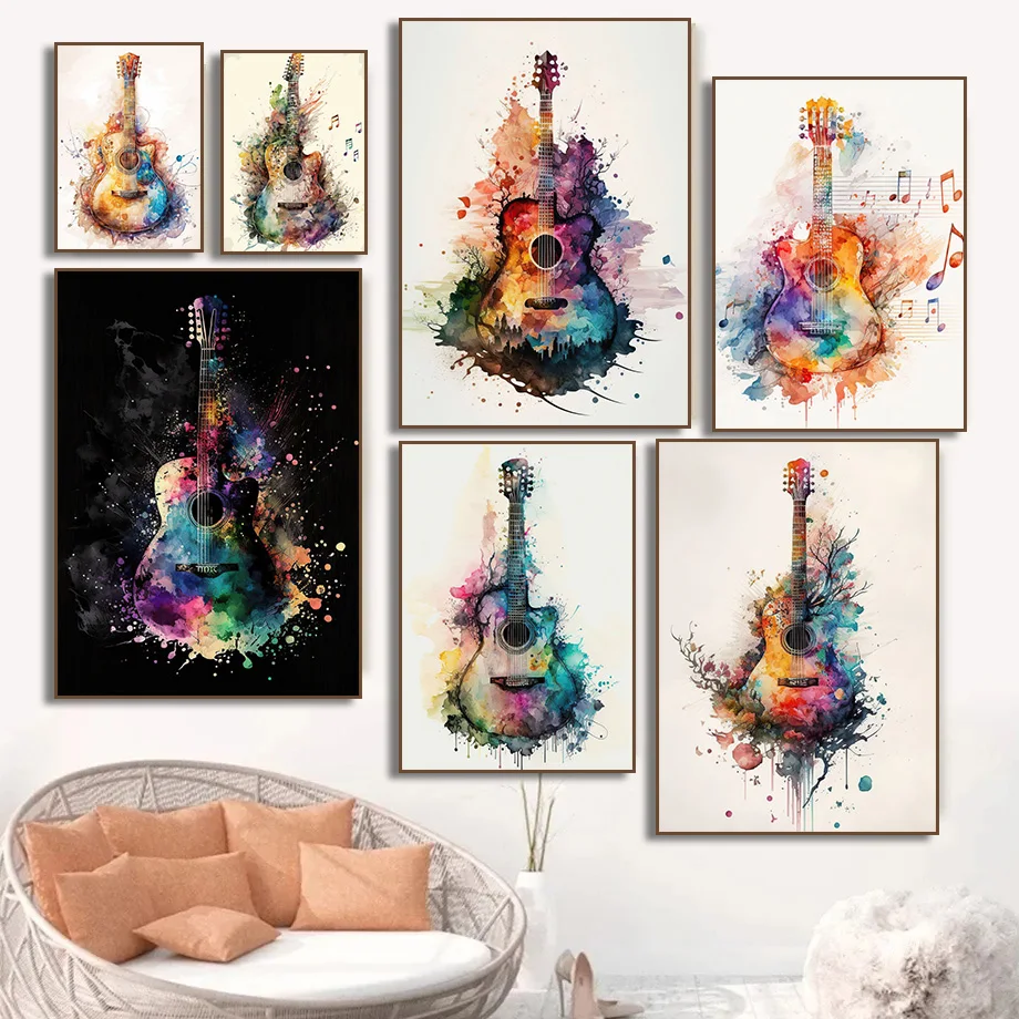 （フレームなし）楽器、ギター、水彩画、アートポスター、キャン - Picture Of Musical Instrument のレビューと価格